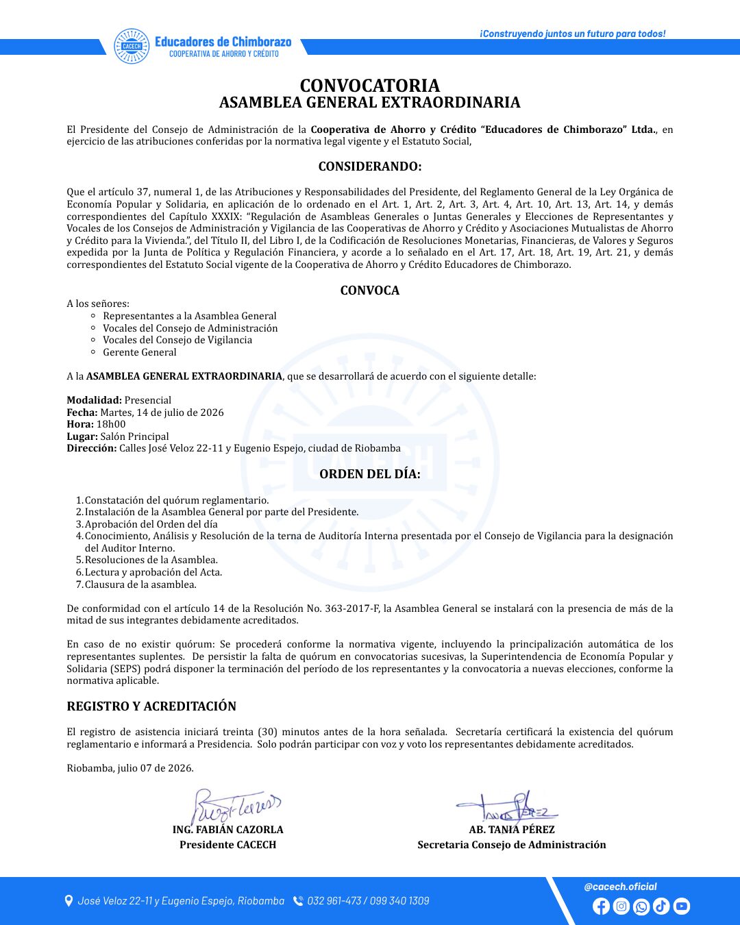 Asamblea extraordinaria - julio 2026
