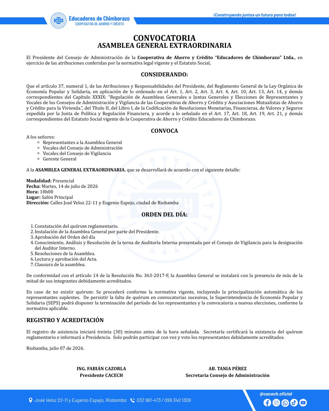 ASAMBLEA EXTRAORDINARIA - CACECH julio 2026