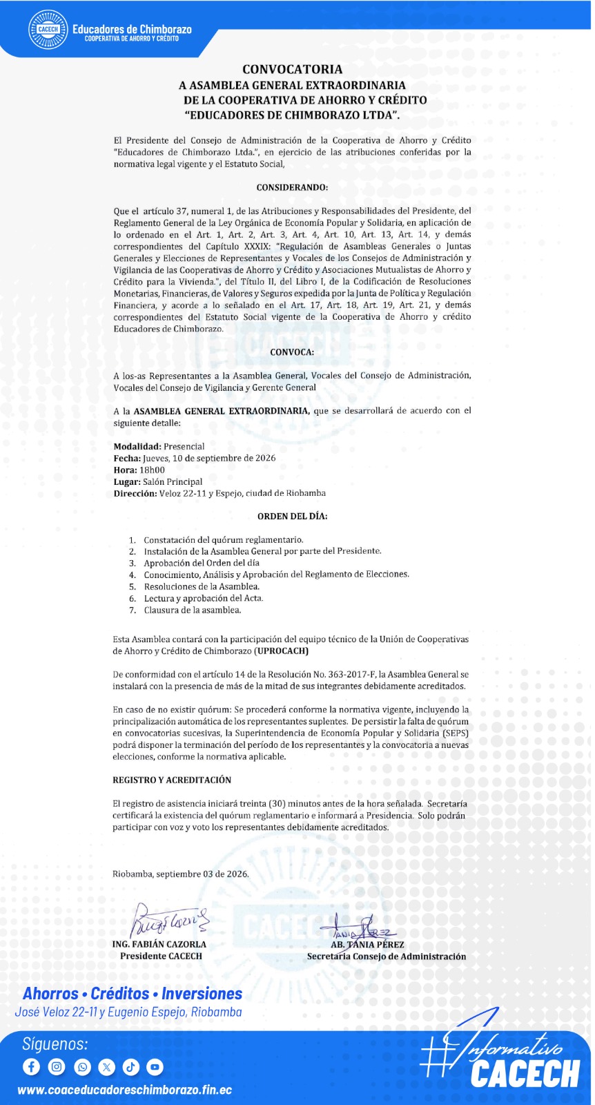 Asamblea de representantes - 10 de septiembre 2026